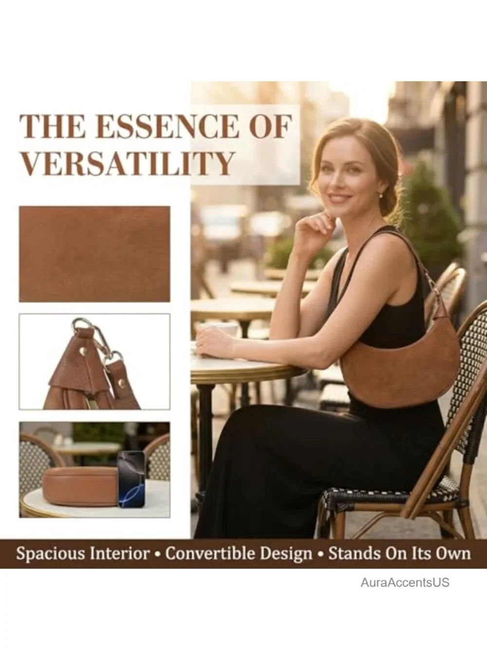 100% Genuine Leather Crescent Hobo Bag Convertible Crossbody Purse